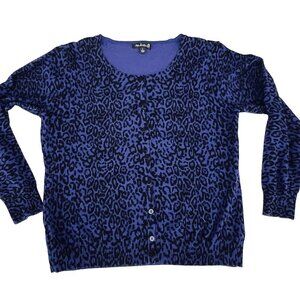 Top Knits - Women's Blue and Black Cheetah Animal Print Button Down Cardigan L